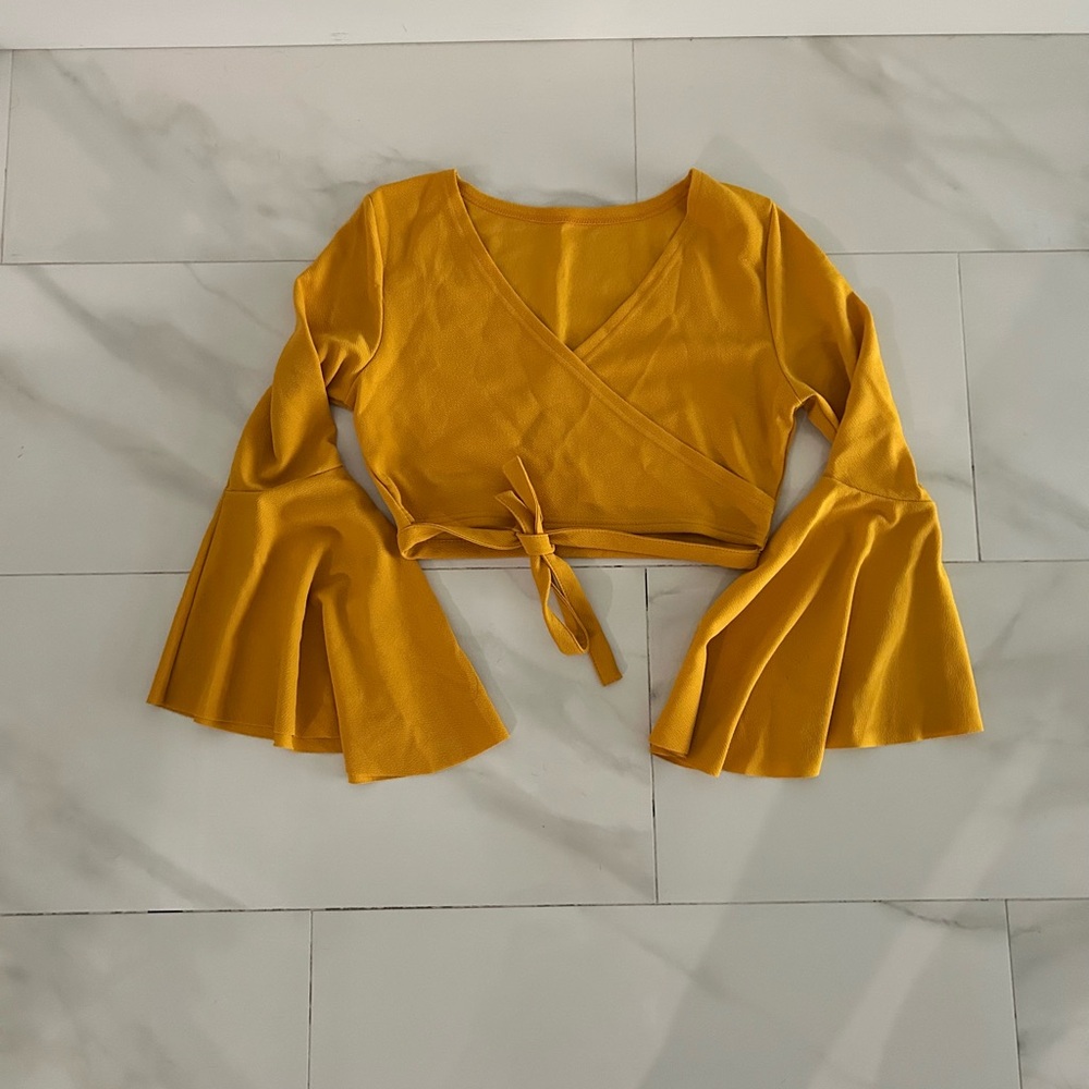 Mustard Yellow Wrap Top with Flared Sleeves